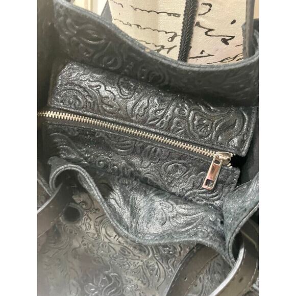 STELLA BIANCA SATCHEL CROSSBODY BAG MADE IN ITALY TOOLED EMBOSSED BLACK LEATHER - Picture 12 of 13